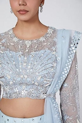 Aqua Ivory Mirror Work Lehenga Set