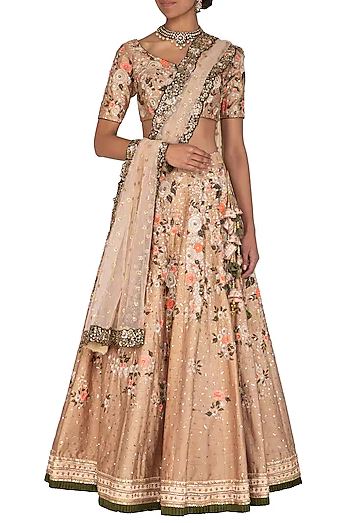 Beige & Peach Dupion Silk Lehenga Set