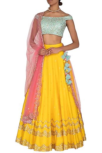 Yellow & Aqua Blue Embroidered Lehenga Set