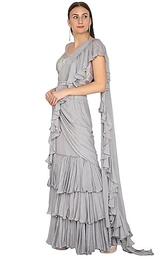 Grey Embroidered Ruffled Saree Set With Belt