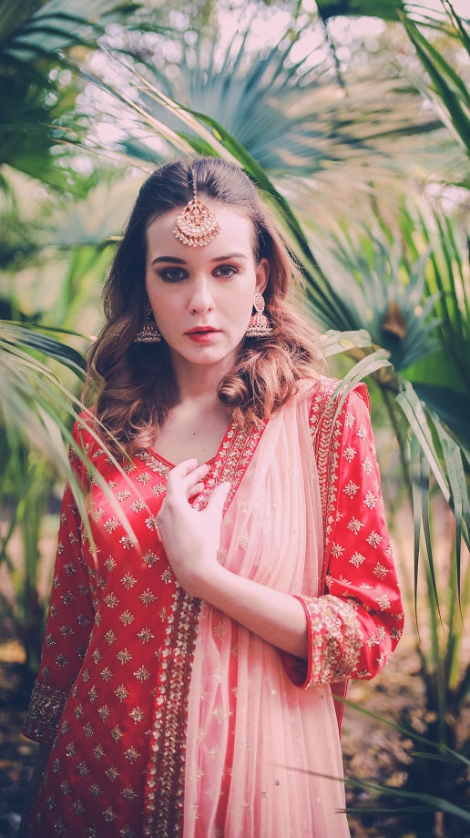 Coral Peach Kurta With Gharara and Dupatta Set