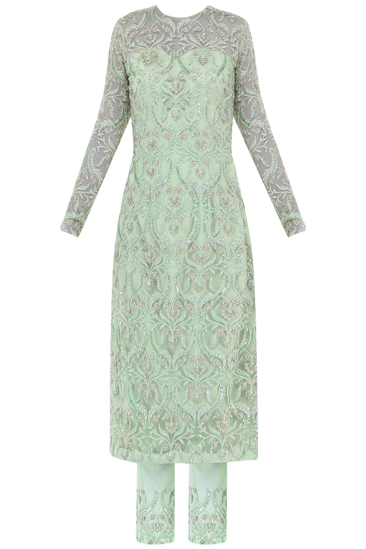 Mint Green Emb. Kurta with pant and dupatta set