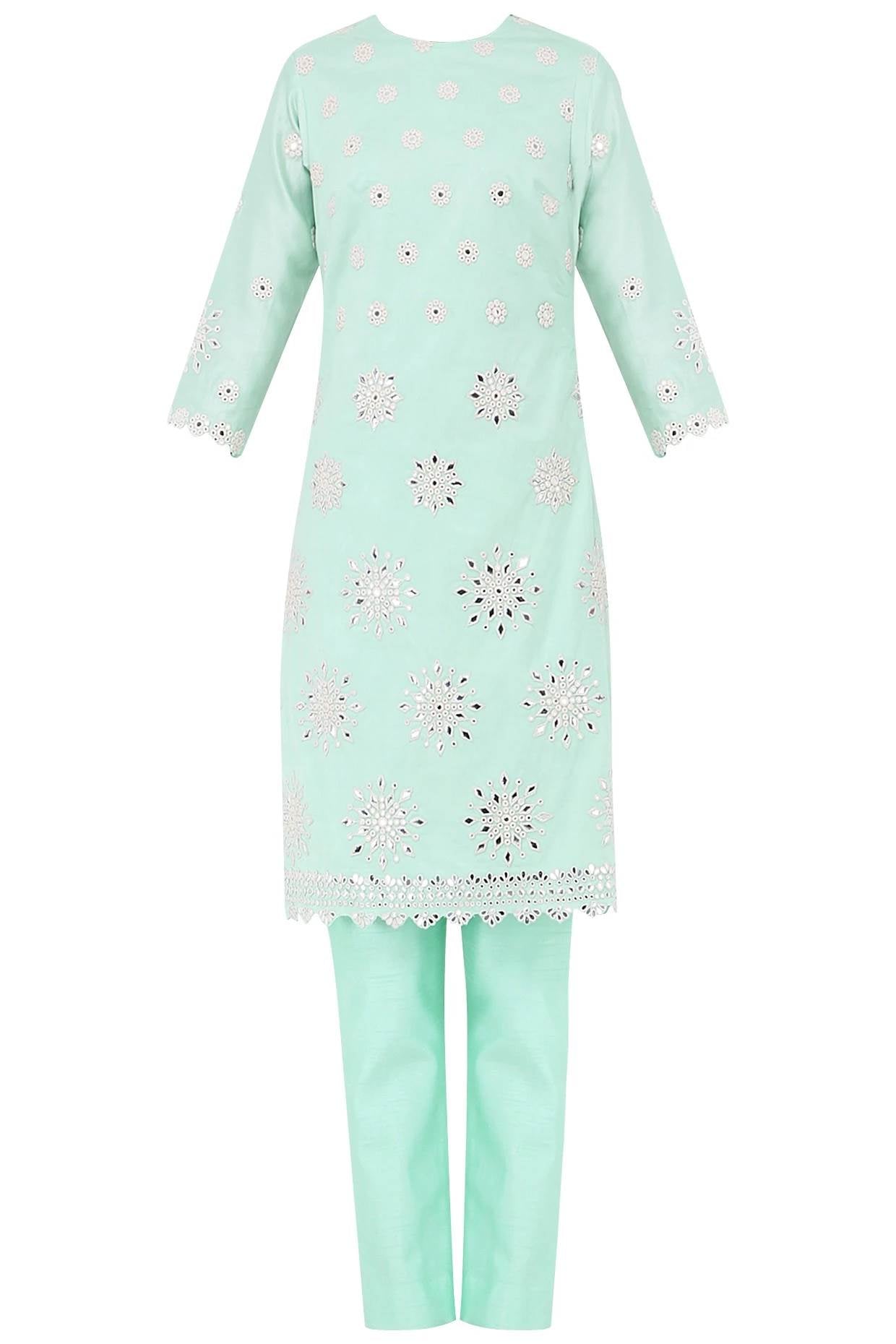 Aqua Mirror Embroidered Kurta With Pant and Dupatta