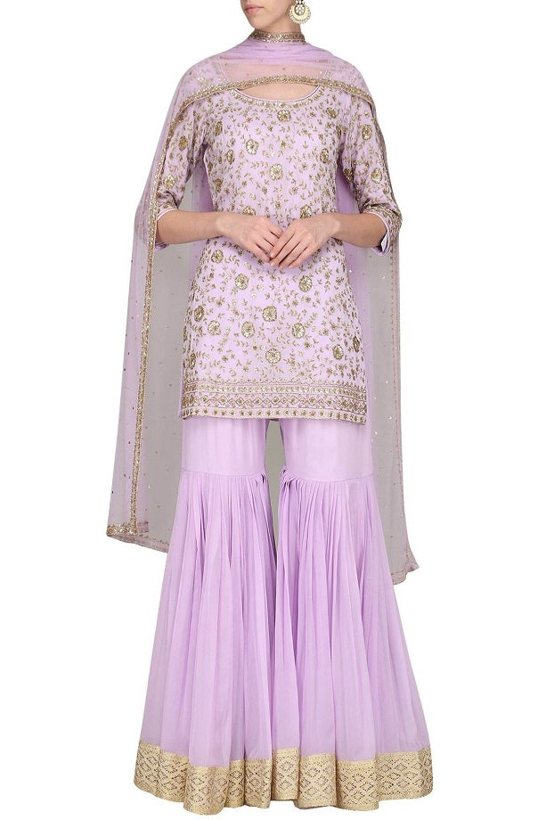 Lavender Embroidered Kurta With Gharara & Dupatta