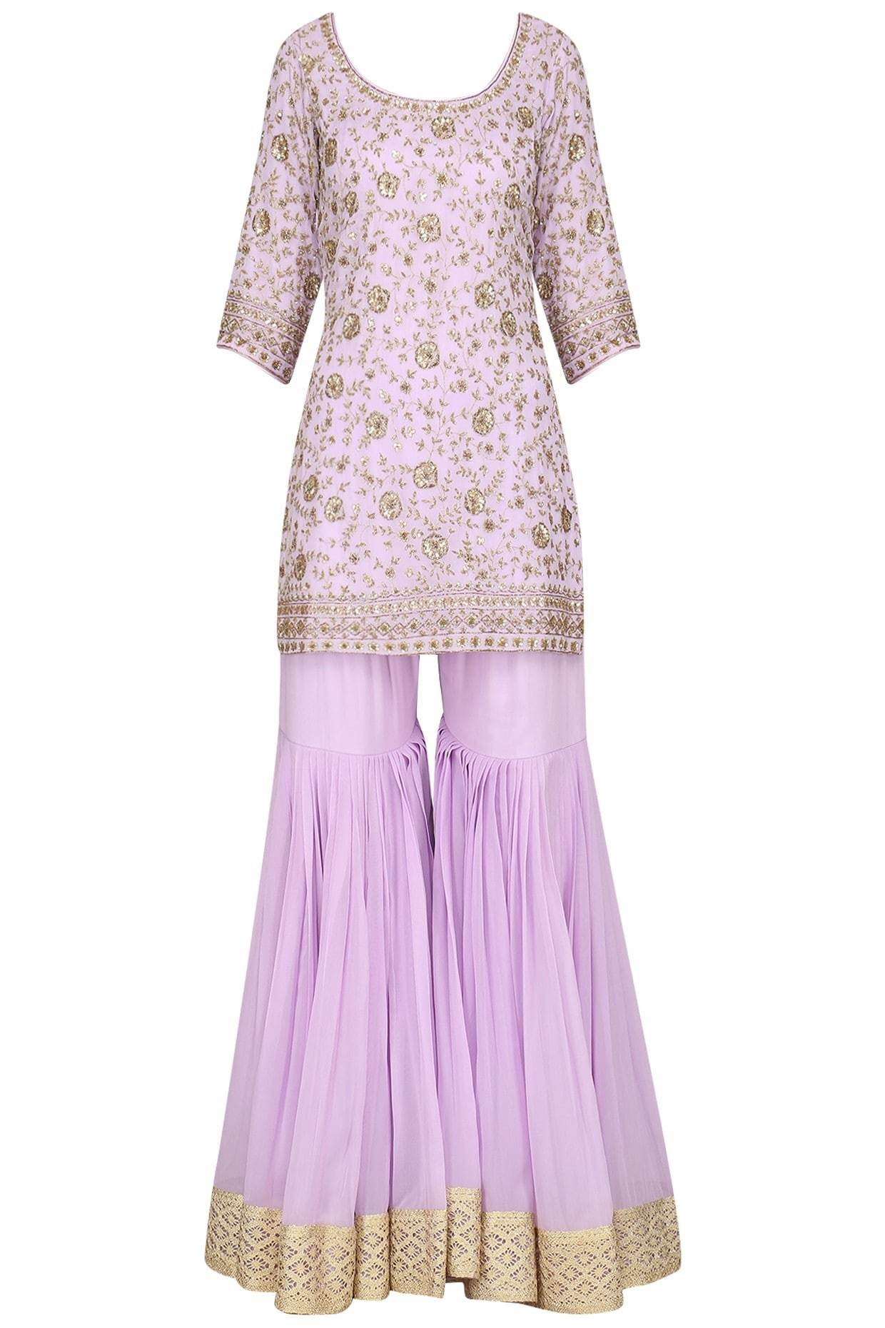 Lavender Embroidered Kurta With Gharara & Dupatta