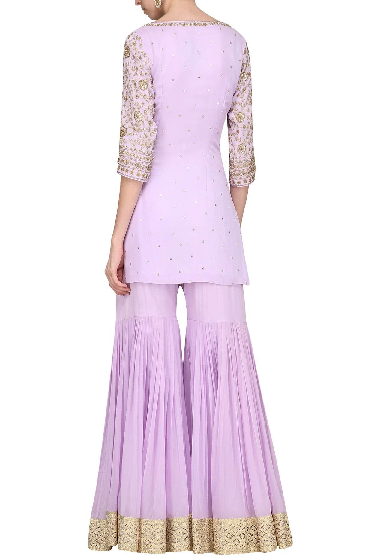 Lavender Embroidered Kurta With Gharara & Dupatta