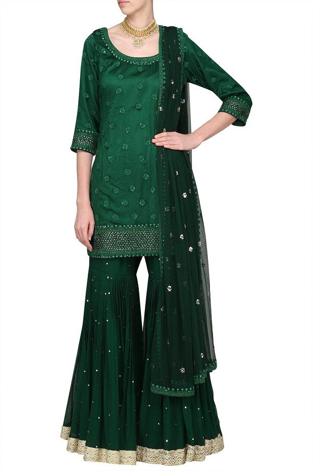 Green Embroidered Kurta With Gharara & Dupatta