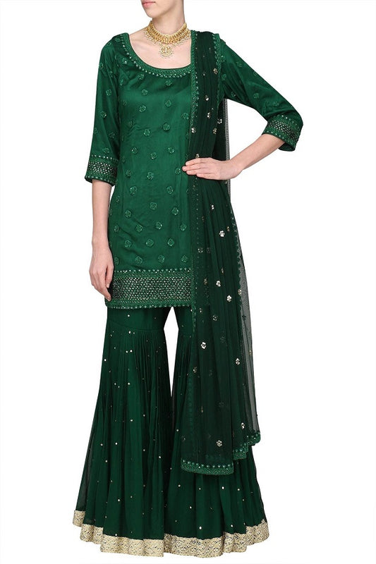 Green Embroidered Kurta With Gharara & Dupatta