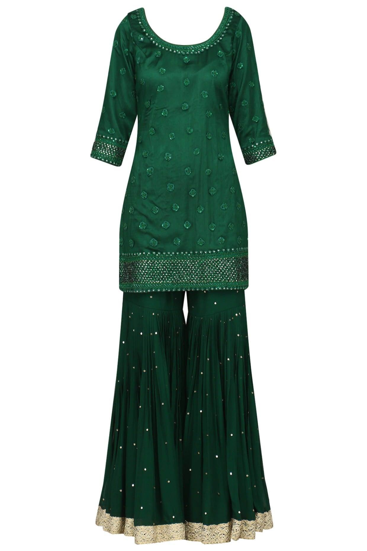 Green Embroidered Kurta With Gharara & Dupatta