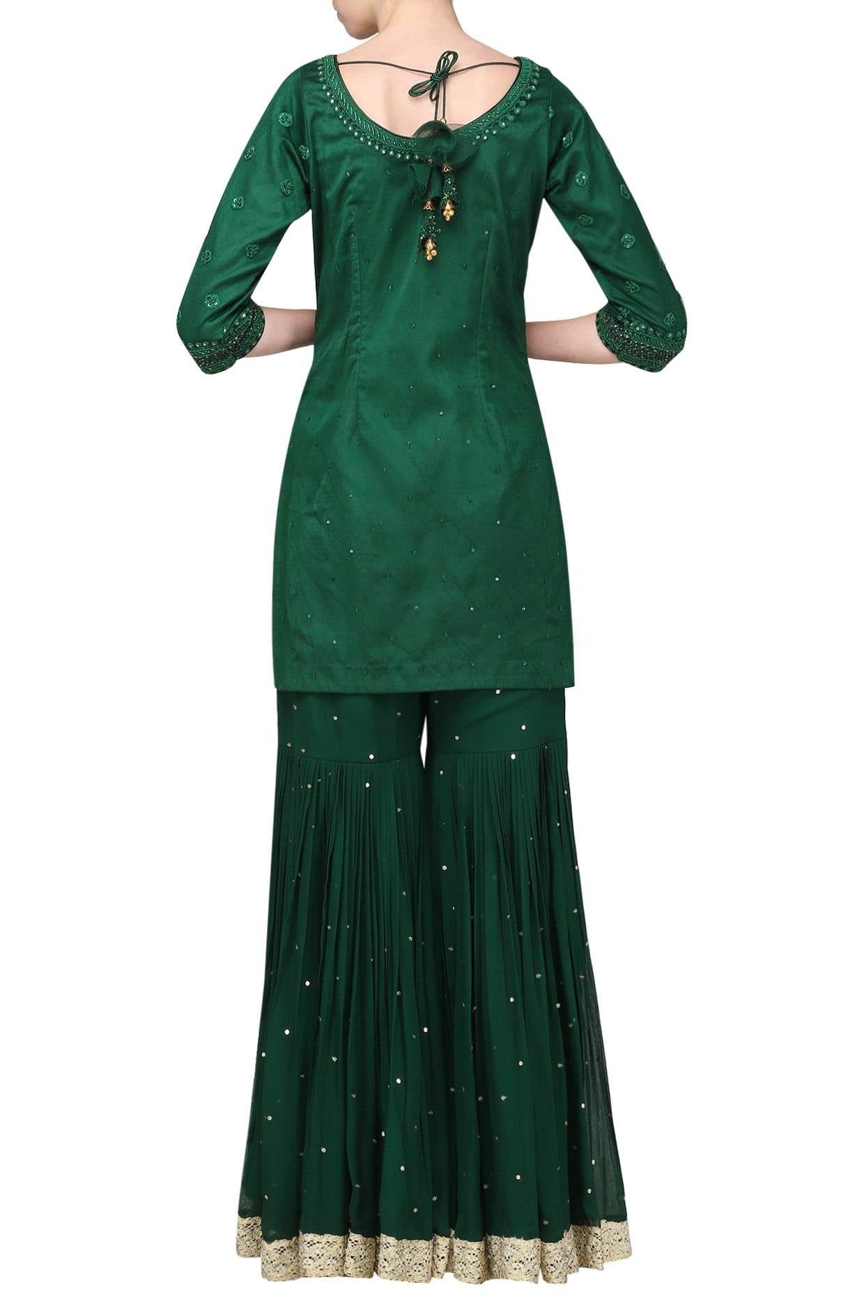 Green Embroidered Kurta With Gharara & Dupatta