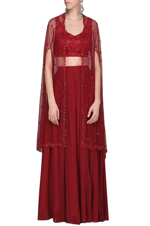 Maroon Bustier Sharara & Cape