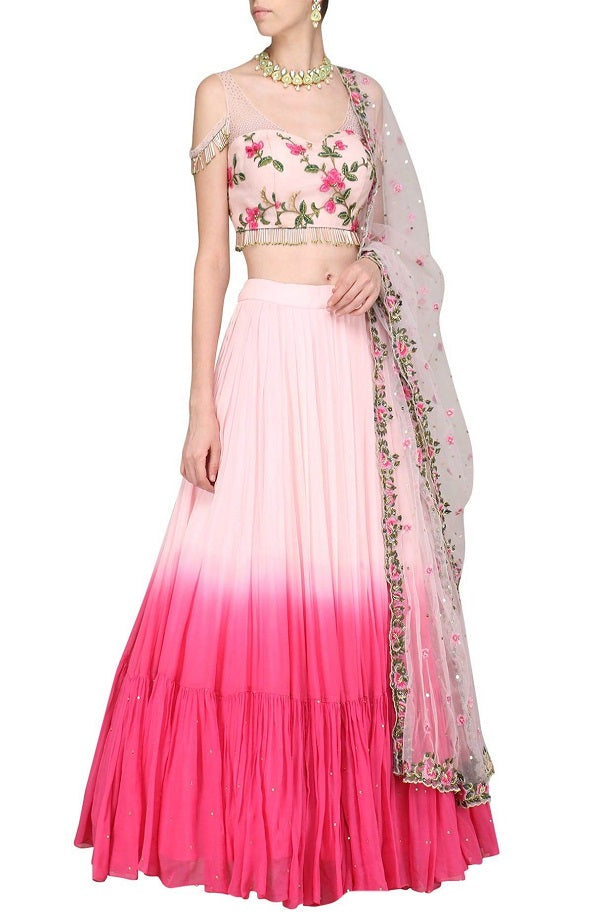 Pink Embroidered Bustier With Pink Lehenga