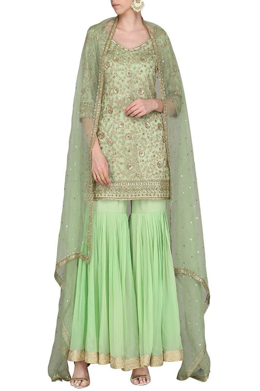 Fern Green Kurta With Gharara & Dupatta Set