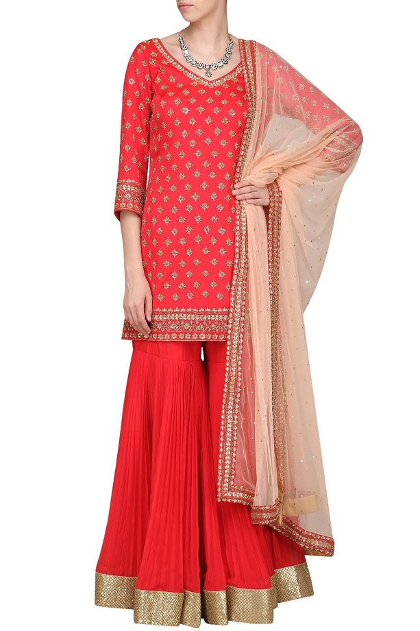 Coral Peach Kurta With Gharara and Dupatta Set