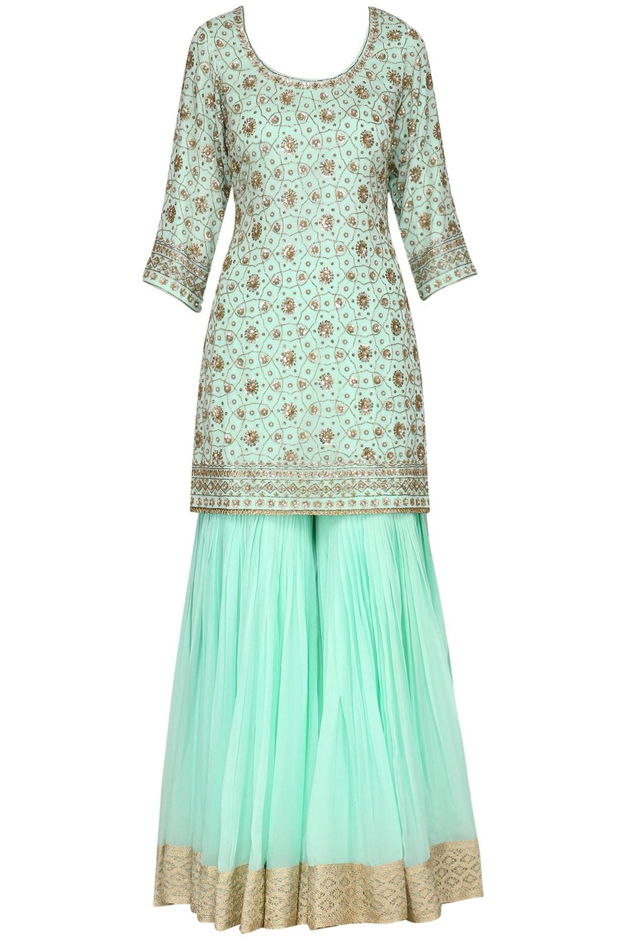Aqua Kurta With Gharara & Dupatta Set