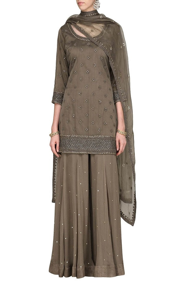 Brown Kurta With Gharara & Dupatta Set