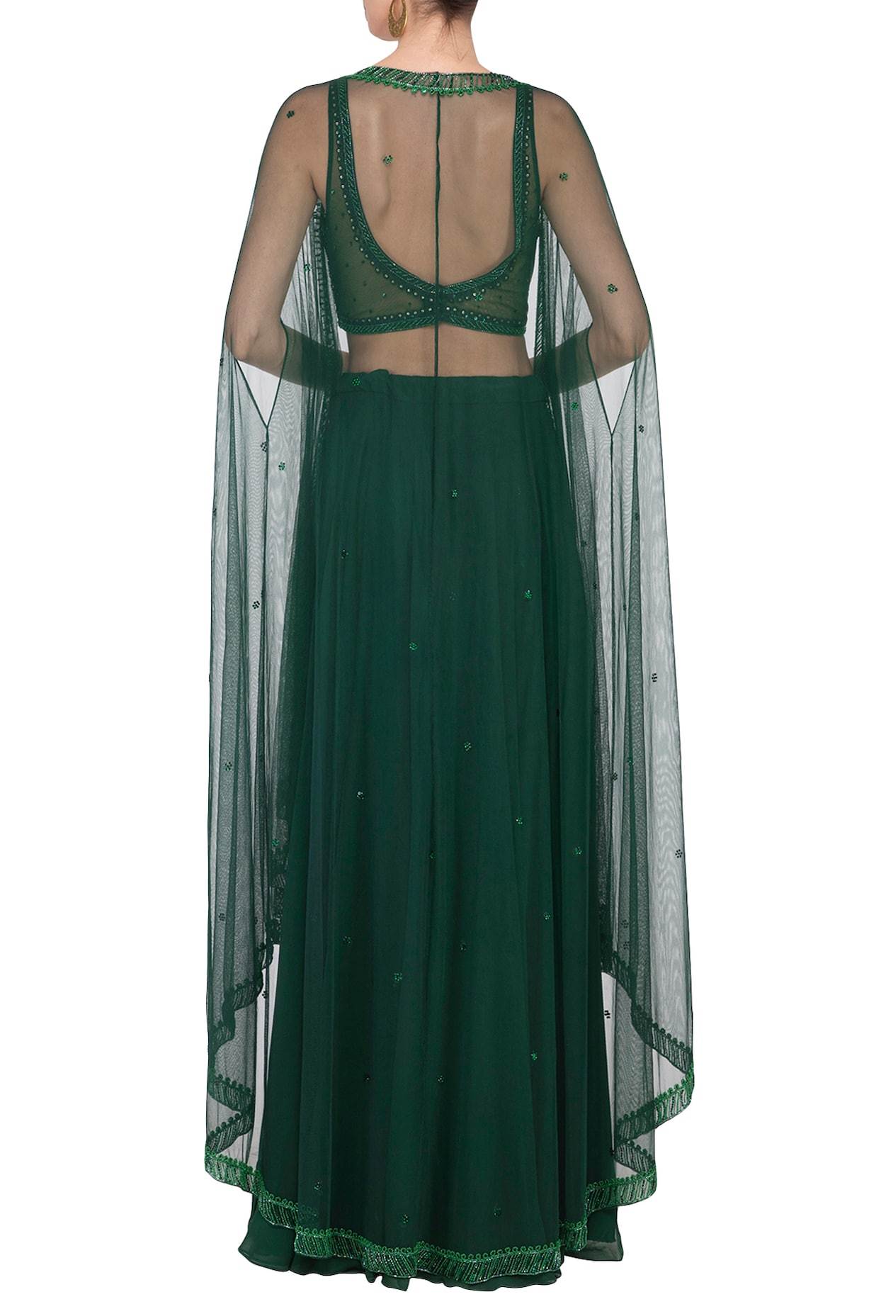 Green Embroidered Bustier With Sharara Pants & Cape