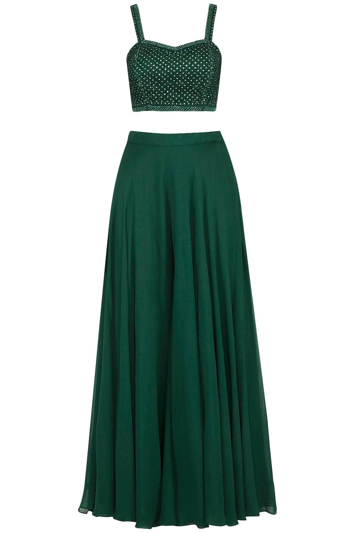 Green Embroidered Bustier With Sharara Pants & Cape