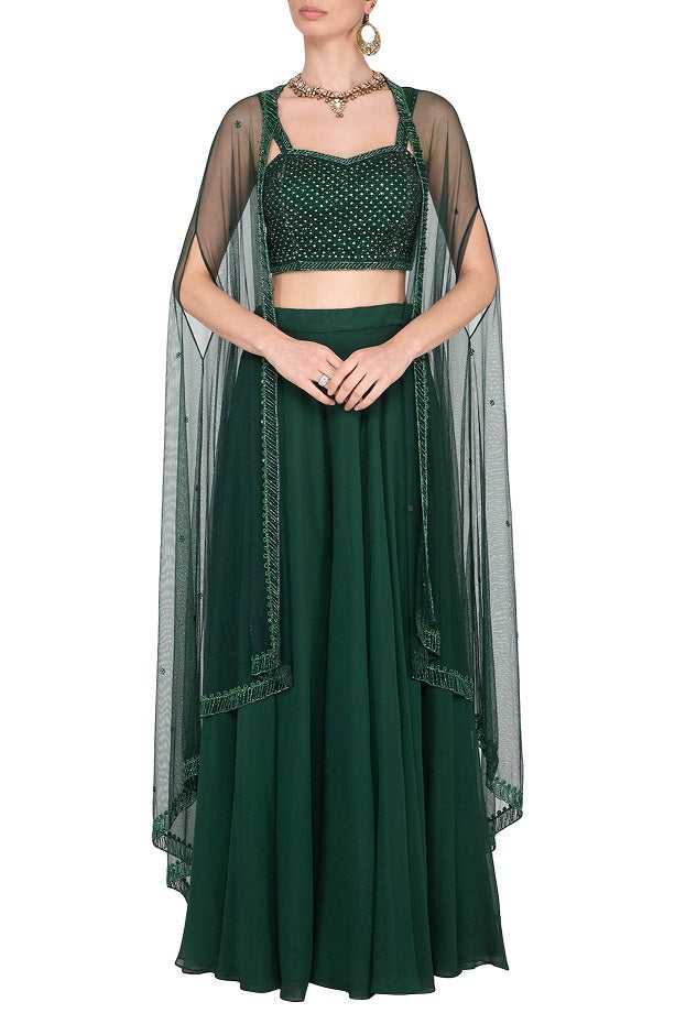 Green Embroidered Bustier With Sharara Pants & Cape