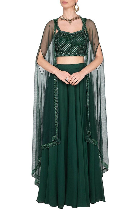 Green Embroidered Bustier With Sharara Pants & Cape