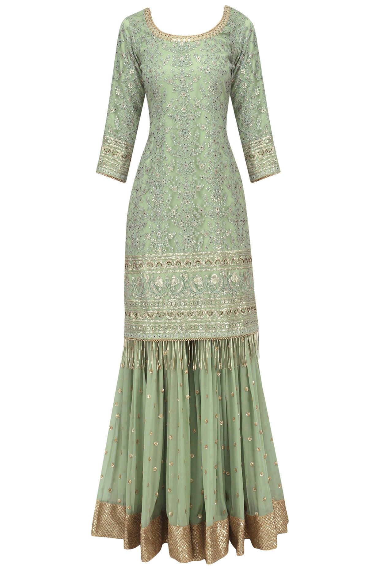 Fern Green Embroidered Kurta ,Sharara & Dupatta Set
