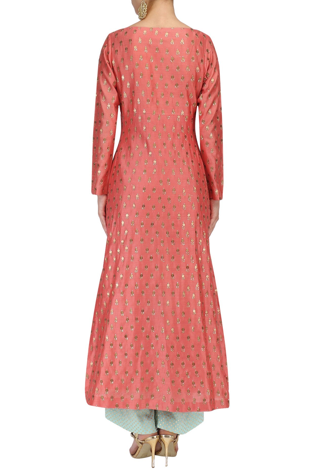 Peach Chanderi Kurta With Aqua Plazo & Mint Dupatta