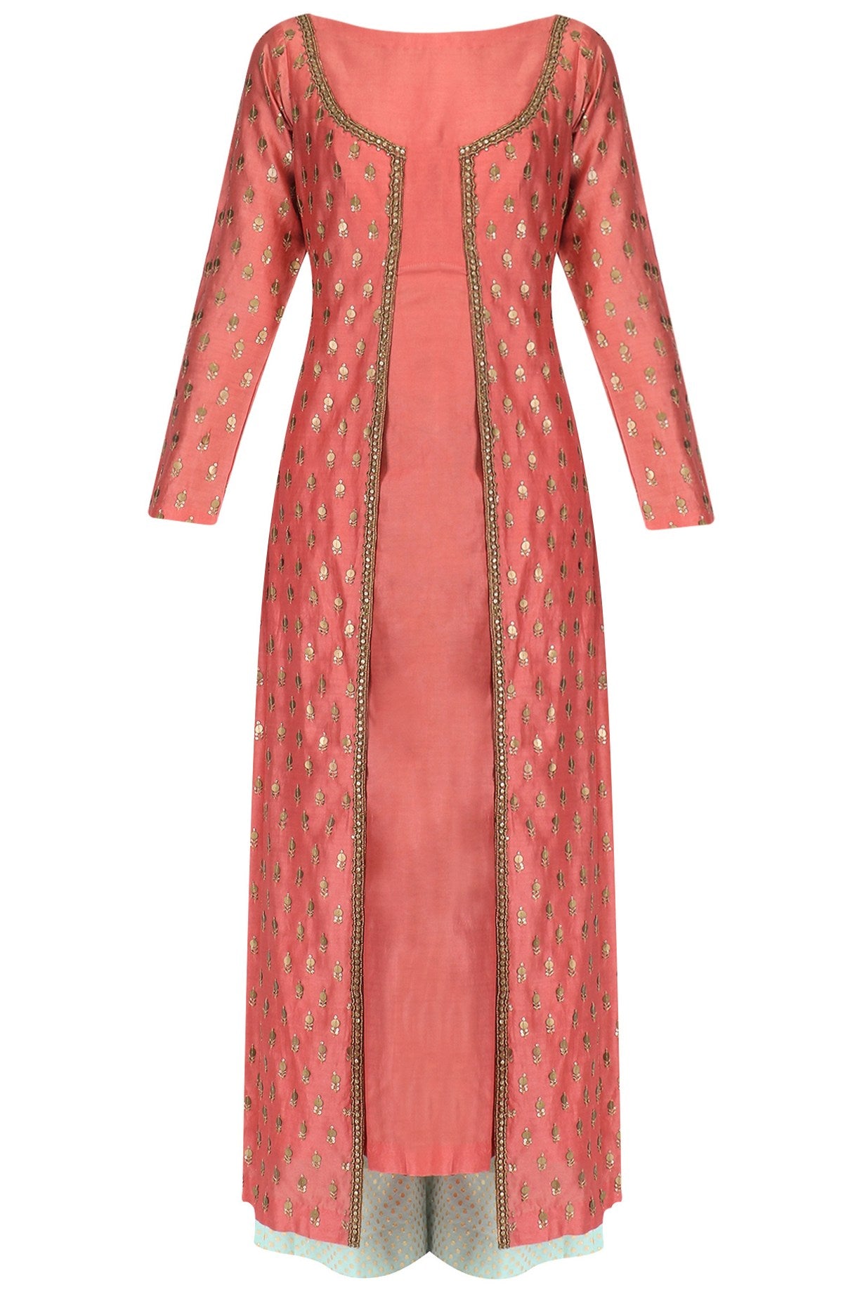 Peach Chanderi Kurta With Aqua Plazo & Mint Dupatta