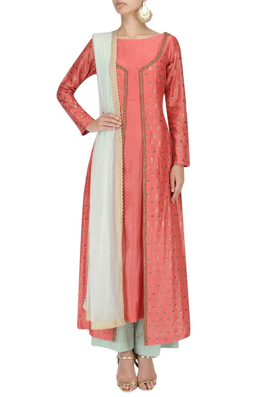 Peach Chanderi Kurta With Aqua Plazo & Mint Dupatta