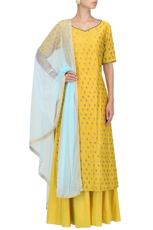 Yellow Chanderi Kurta With Sharara & Dupataa