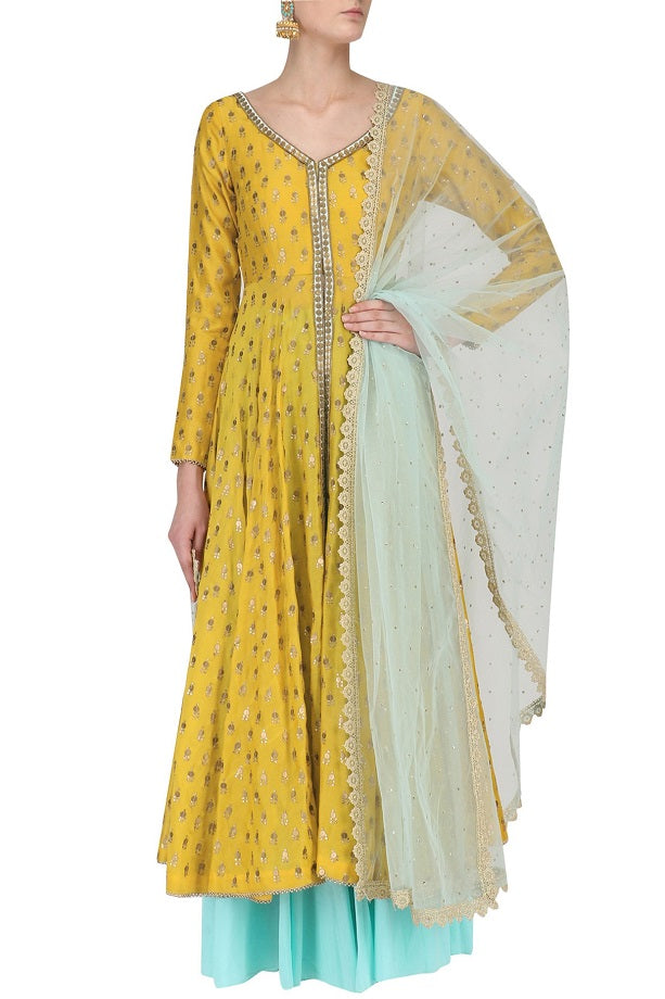 Yellow Chanderi Kurta With Aqua Sharara & Dupatta