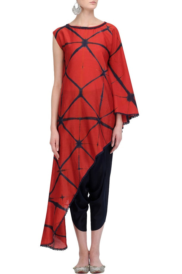 Red & Blue Shibori Shirt With Blue Dhoti