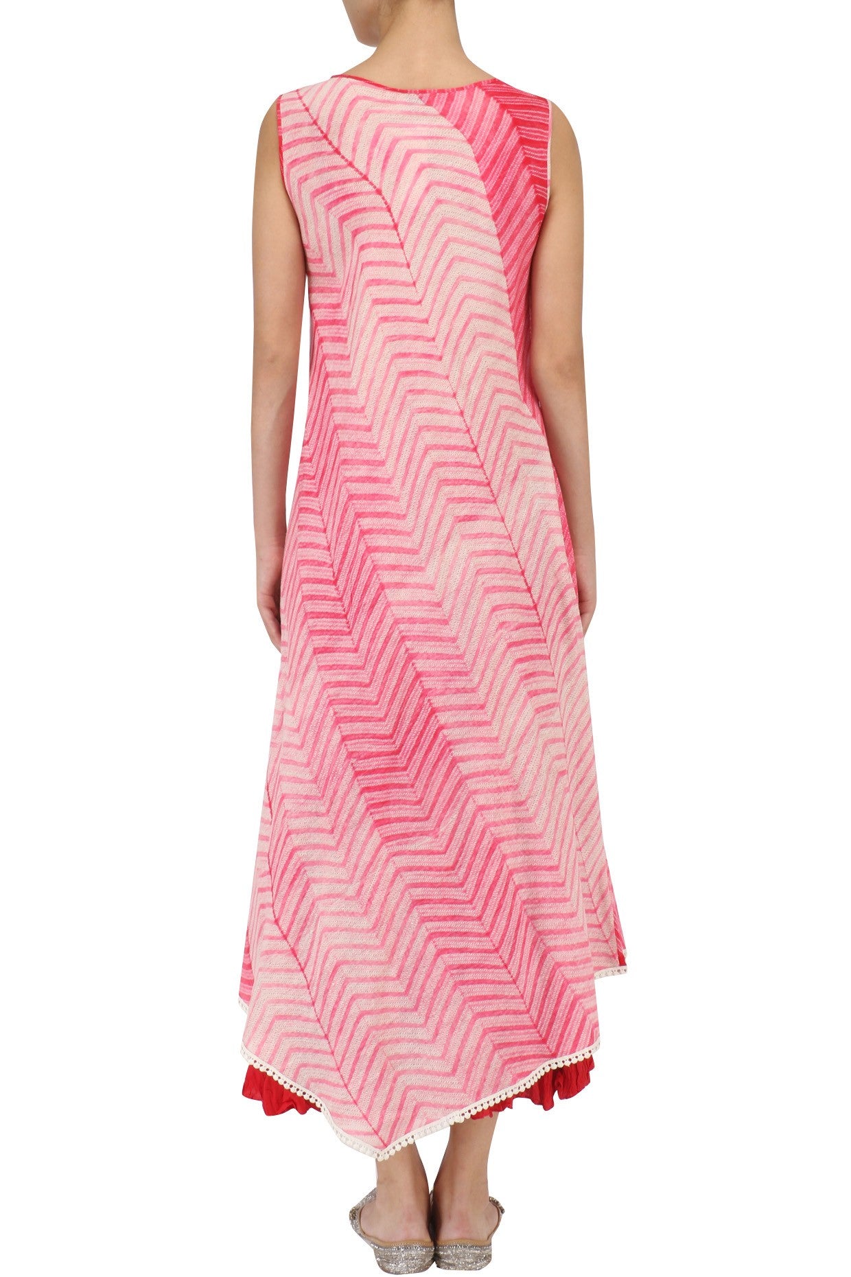 Pink Shibori Shirt With Red Skirt & Neck Piece