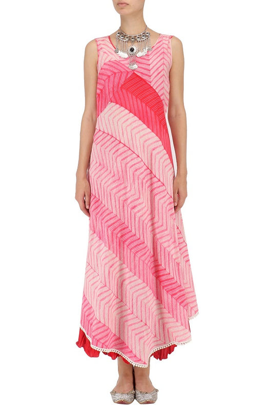 Pink Shibori Shirt With Red Skirt & Neck Piece