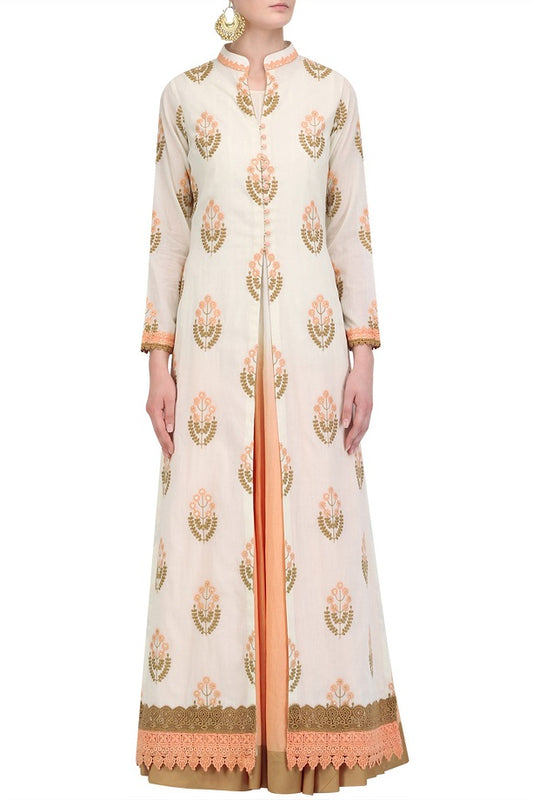 Offwhite Embroidered Jacket With Offwhite & Peach Omre Slip
