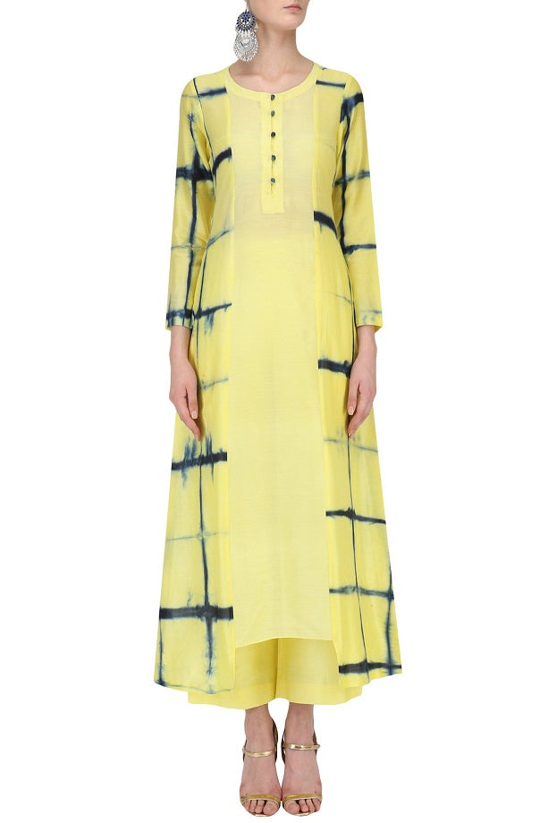Blue & Yellow Shibori Kurta With Yellow Plazo