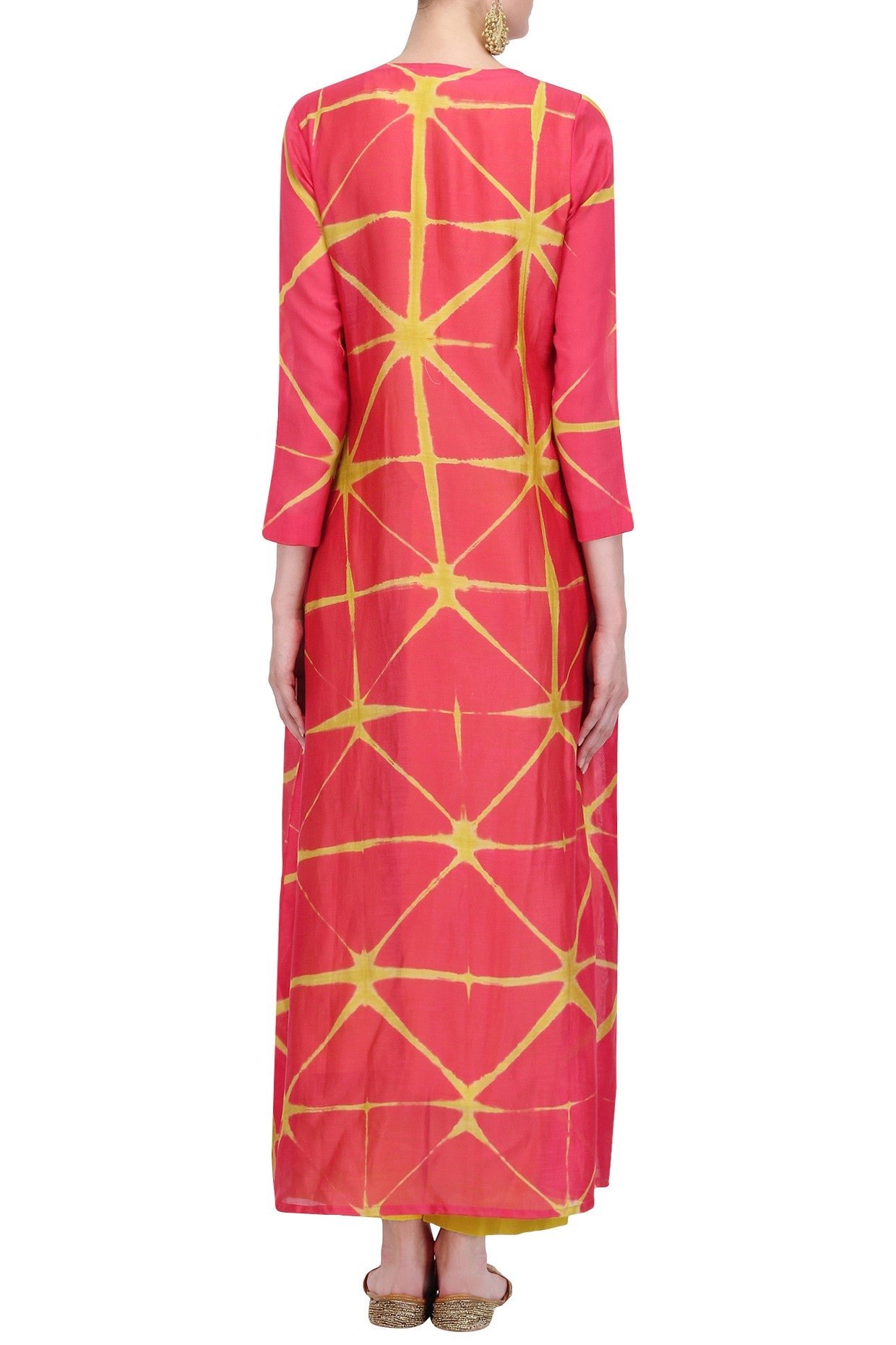 Pink & Yellow Shibori Jacket & Yellow Slip With Trouser