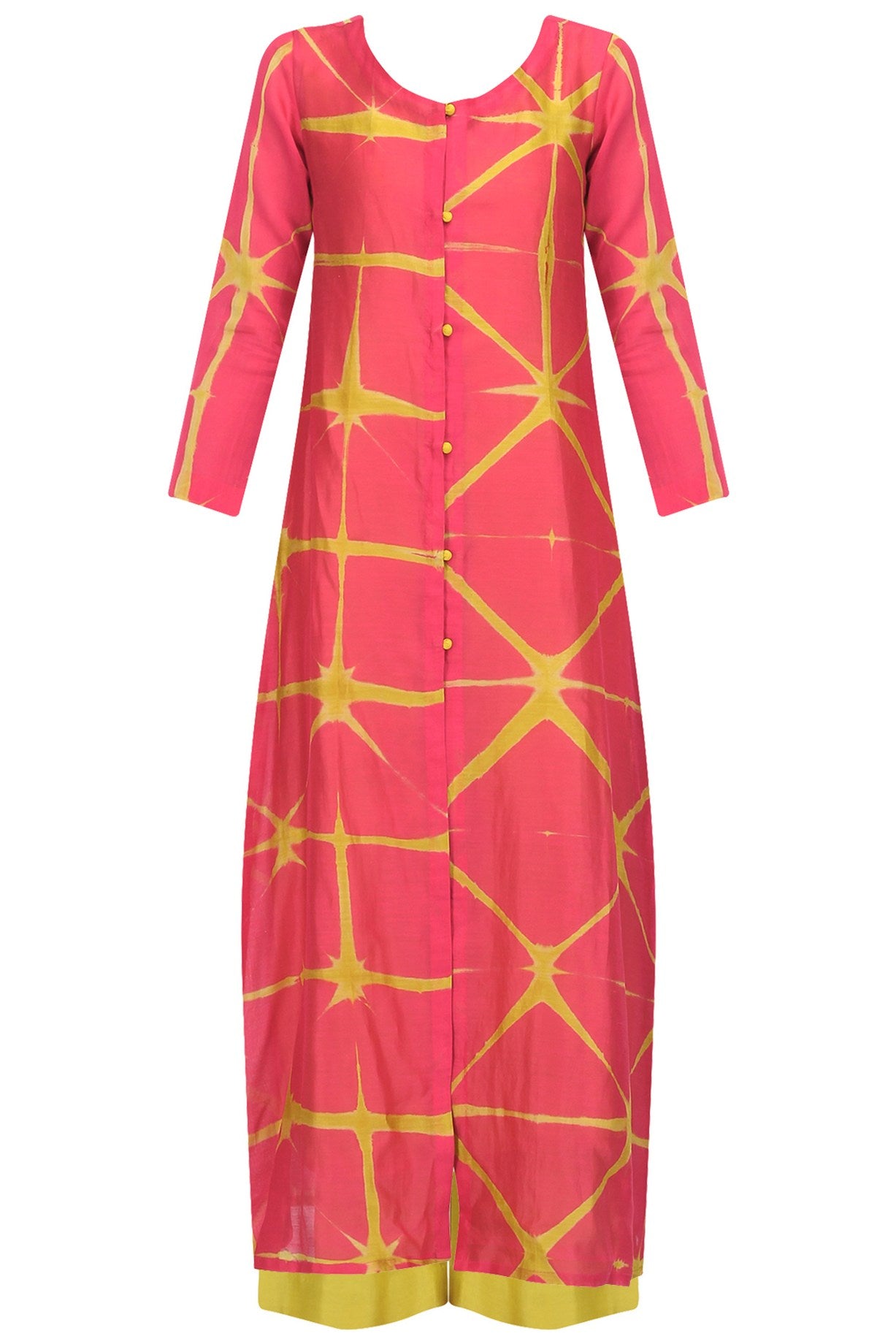 Pink & Yellow Shibori Jacket & Yellow Slip With Trouser