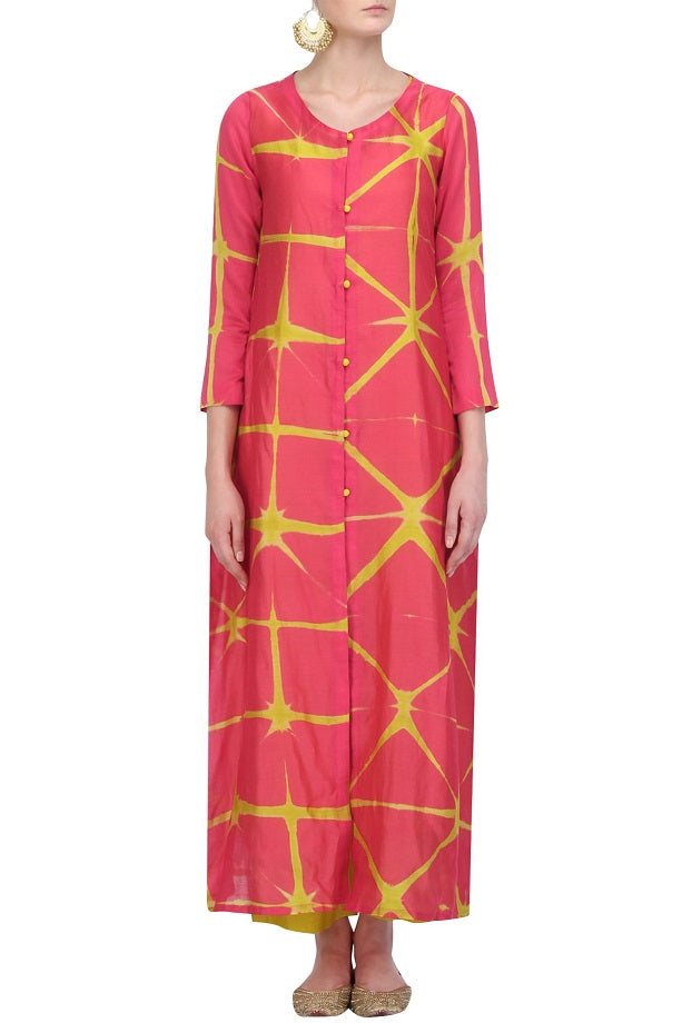 Pink & Yellow Shibori Jacket & Yellow Slip With Trouser