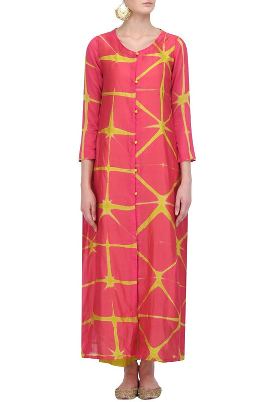 Pink & Yellow Shibori Jacket & Yellow Slip With Trouser