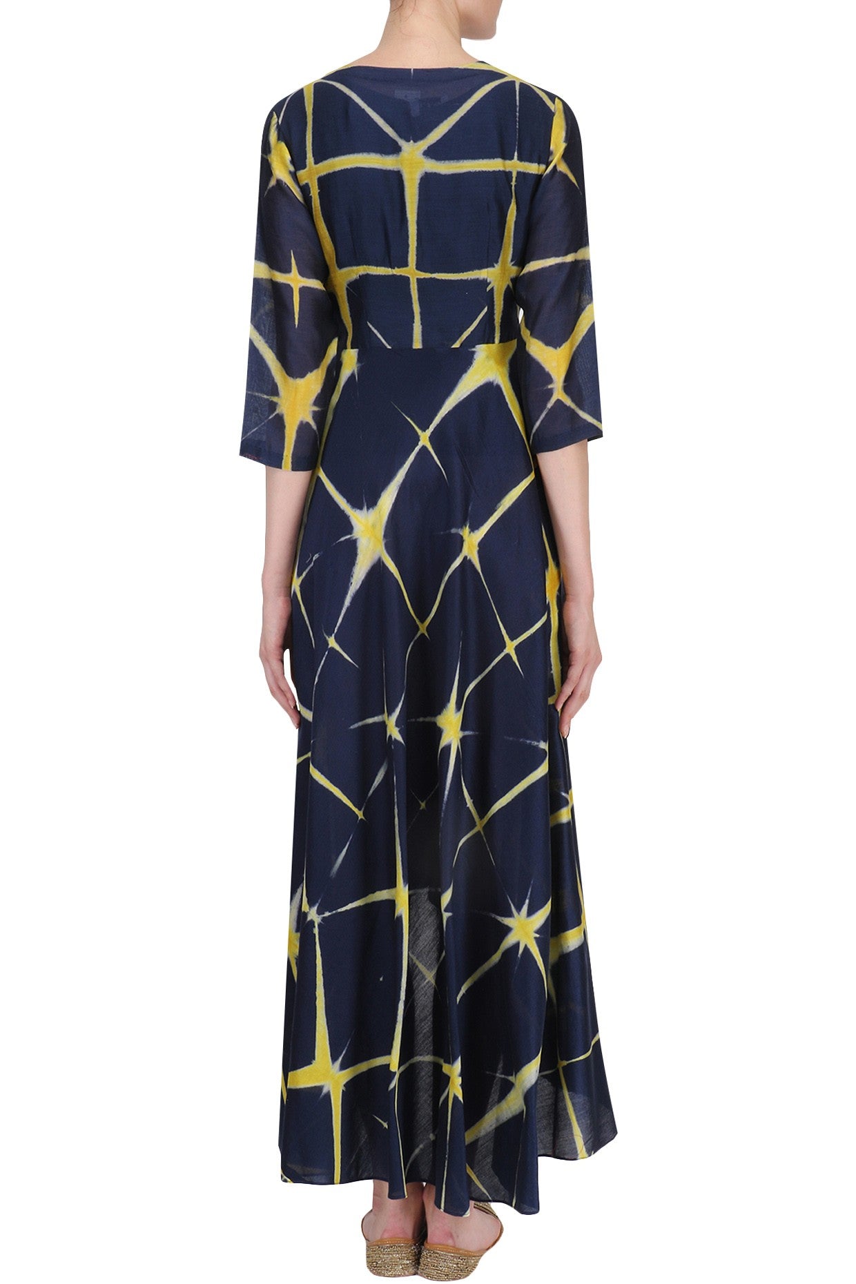 Yellow & Blue Shibori Dress With Blue Inner