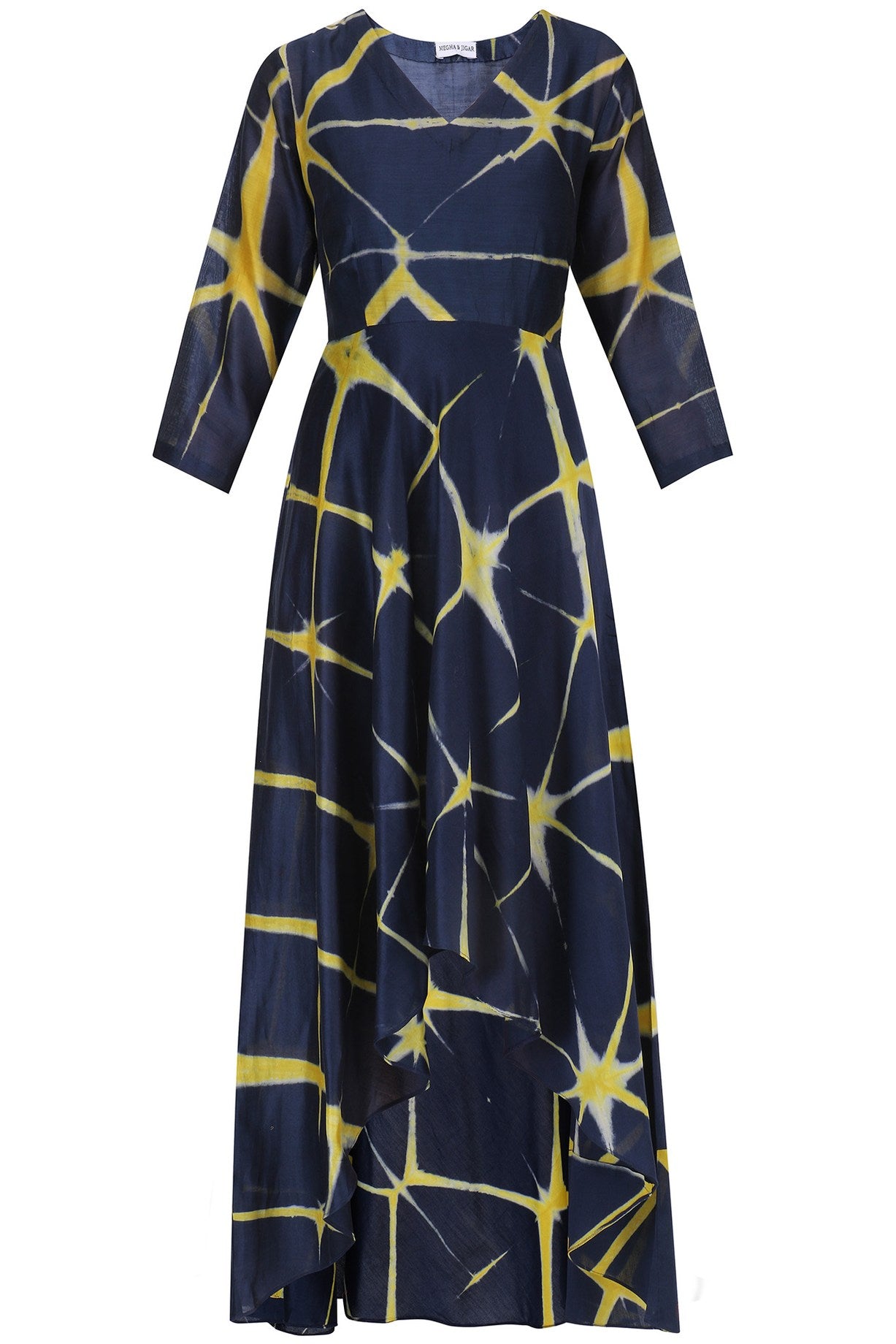Yellow & Blue Shibori Dress With Blue Inner