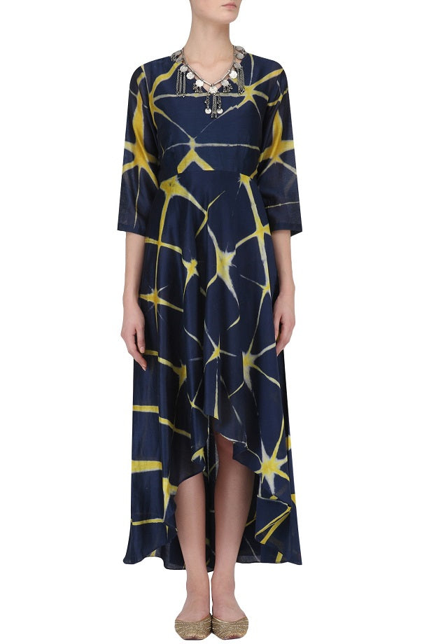 Yellow & Blue Shibori Dress With Blue Inner