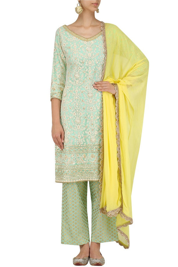 Aqua Embroidered Kurta, Aqua Brocade Plazo With Yellow Dupatta