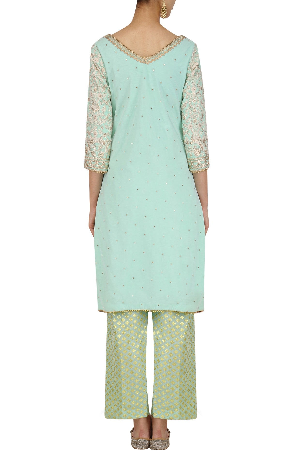 Aqua Embroidered Kurta, Aqua Brocade Plazo With Yellow Dupatta