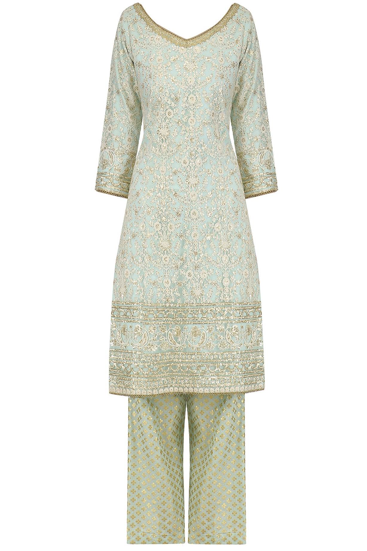 Aqua Embroidered Kurta, Aqua Brocade Plazo With Yellow Dupatta