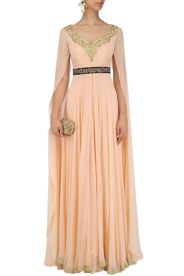 Peach Georgatte Cape Sleeves gown