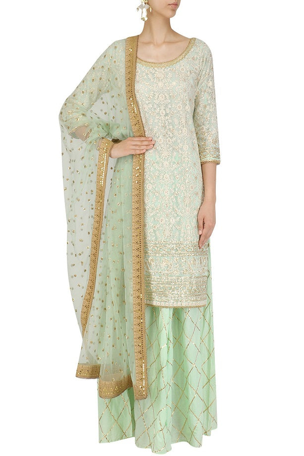 Pista green embroidered kurta With sharara & Pistagreen Dupatta