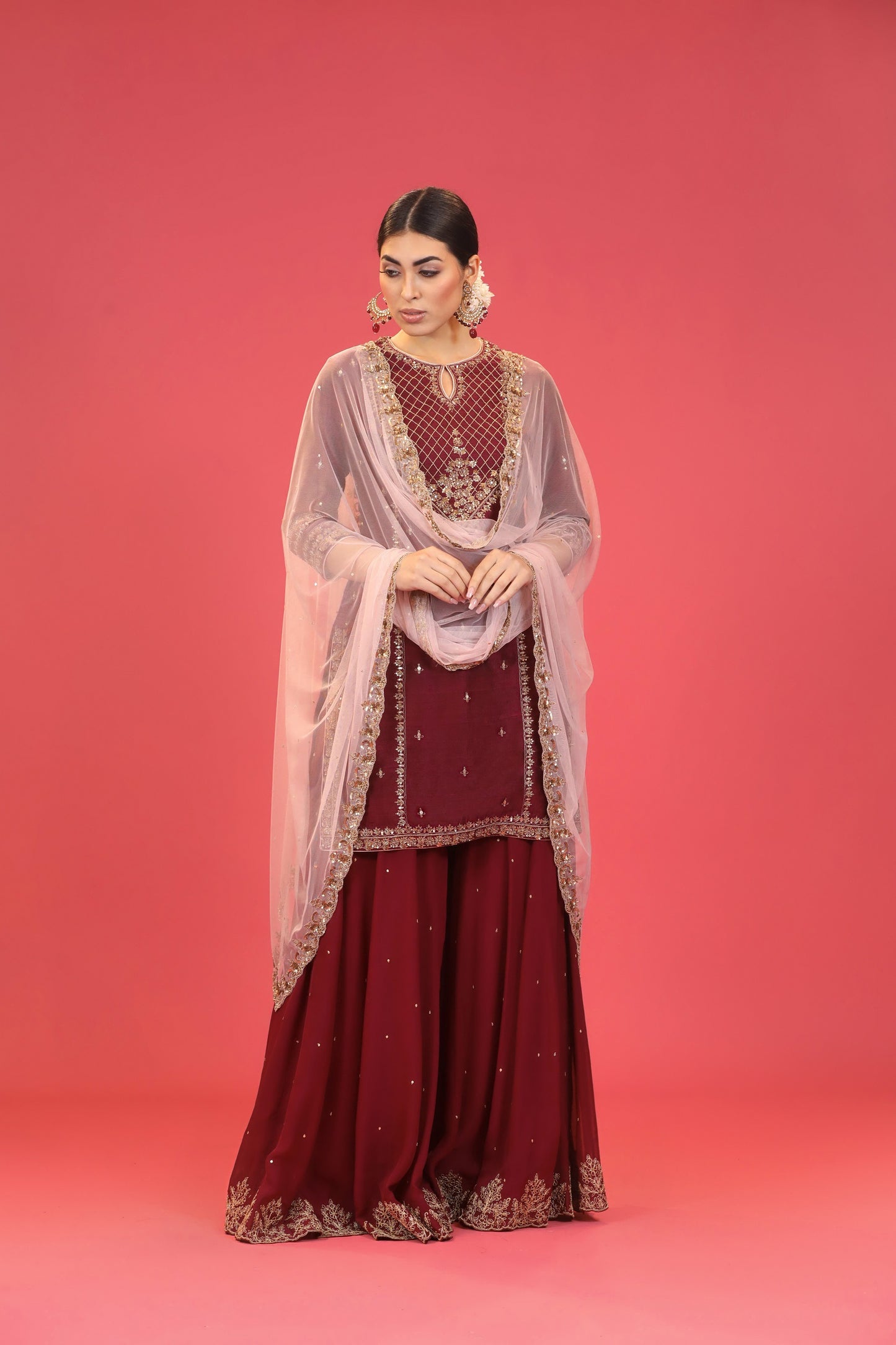 Wine Embroidered Kurta Set
