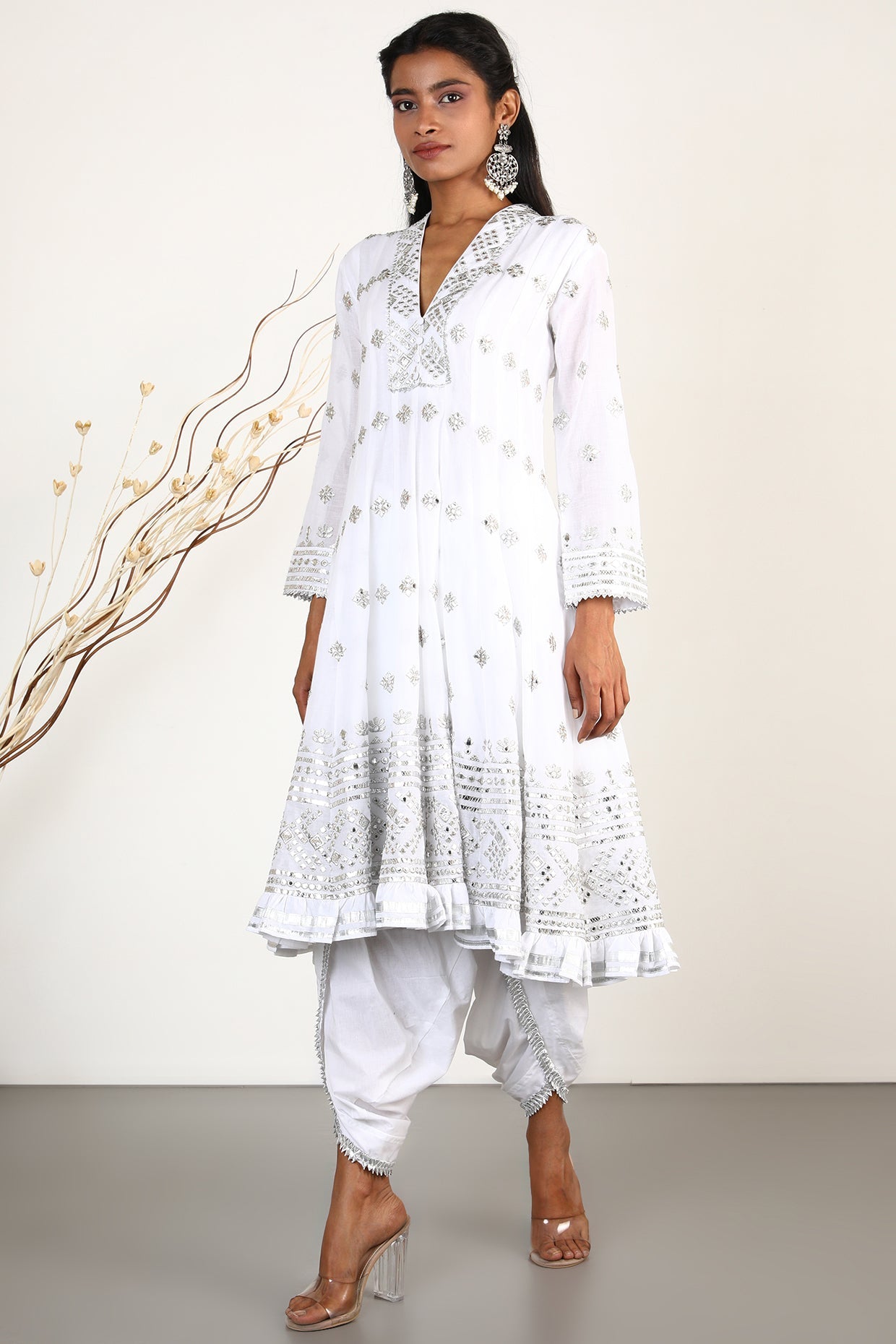 Women's Chand Ivory Embroidered Anarkali | Gopi Vaid