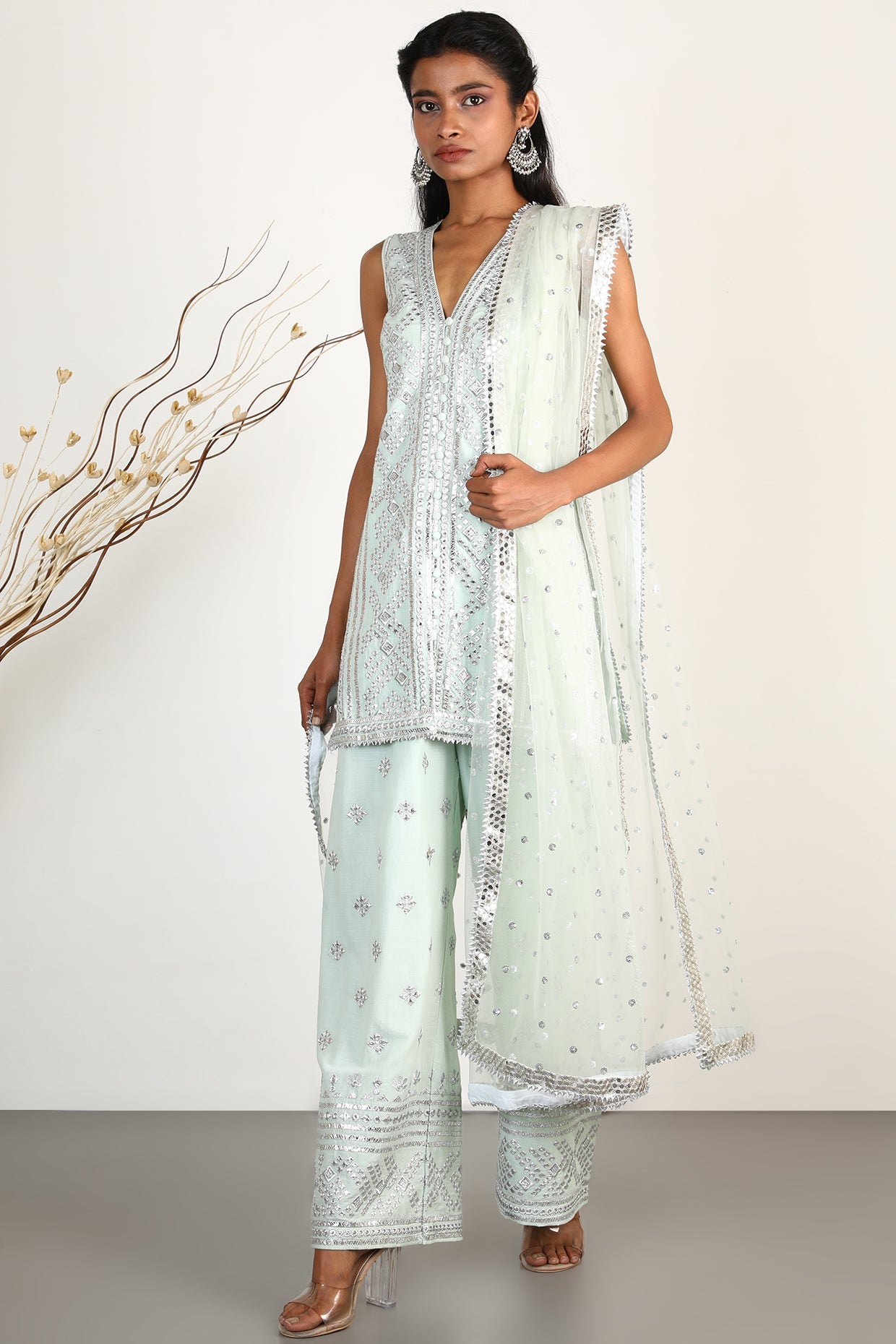 Women's Designer Chand Mint Green Palazzo Set | Gopi Vaid